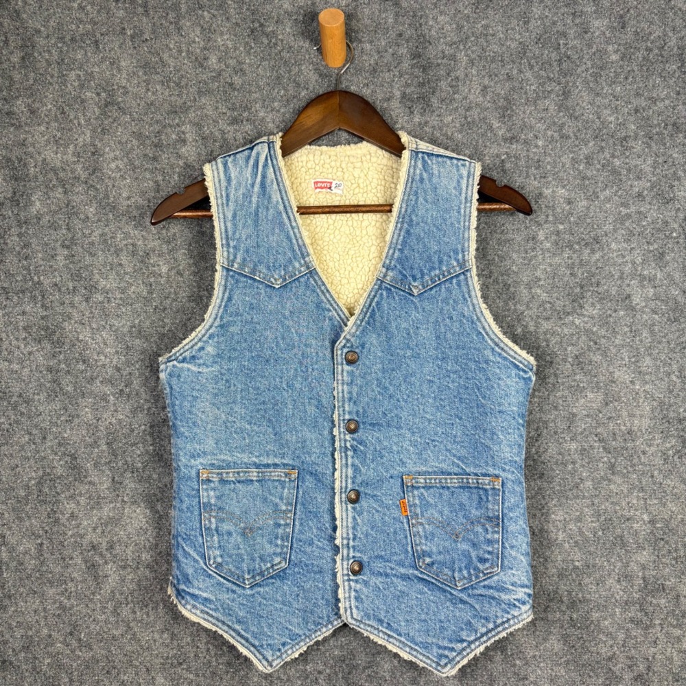Levi's Denim Vest Mens Small Blue Sherpa Lined Orange Tab Vintage Made in USA